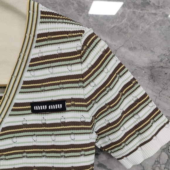 Miu Miu White, Olive & Brown Striped Short‑Sleeve V‑Neck Cardigan - Picture 5 of 9